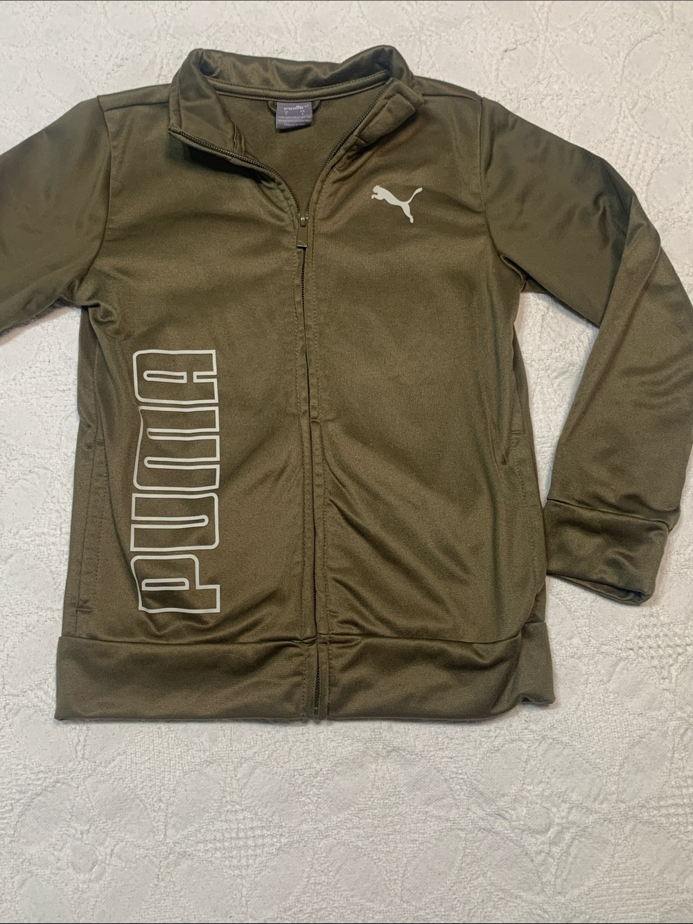 Puma Olive Green Full-Zip Kids Track Jacket with White Logo